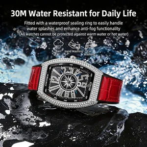 Waterproof tonneau men's watch with full crystal bezel and red leather strap on wet rocks