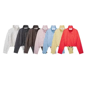 Polka Dot Print Stand Collar Jacket And Shorts Women Casual Streetwear Polyester Long Sleeve Drawstring Hem
