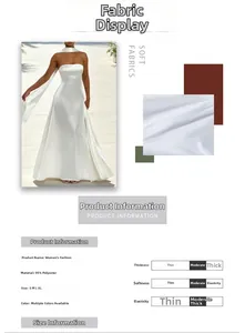 Detailed spec sheet and macro view of white satin strapless dress with fabric parameters