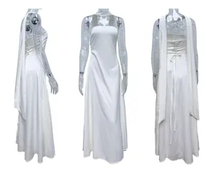 Detailed views of a white backless floor-length evening gown with corset lacing and shawl