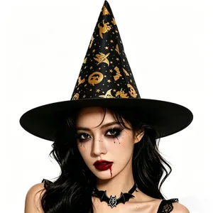 Black pointed witch hat with gold glitter Halloween patterns and bat choker set