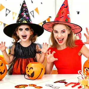 Wizard hats for Halloween party including black dinosaur and red bat patterns