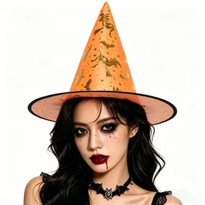 Detail of orange witch hat with gold bat patterns and black bat choker for Halloween