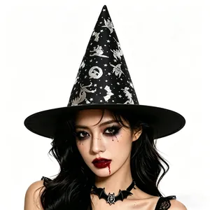 Detail of black witch hat with silver moon star prints and matching bat choker necklace