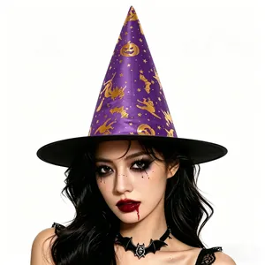 Detail of purple witch hat with gold pumpkin patterns and black bat choker necklace
