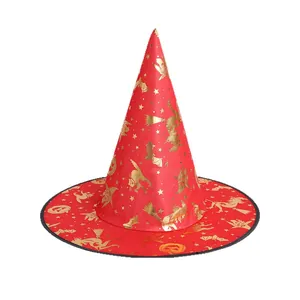 Red witch hat with gold foil bats and pumpkins for Halloween party costume