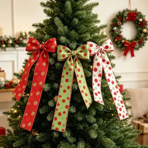 Set of 3 polka dot Christmas bows in red green and white for tree and gift decoration