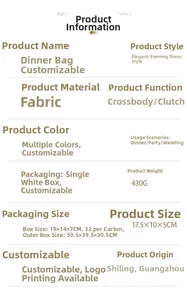 Detailed size chart for evening clutch showing 17.5x10x5CM dimensions and product specs