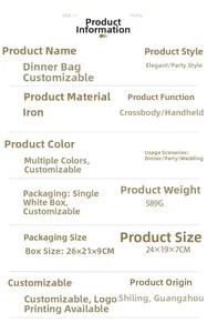 Detailed size and weight specs for iron shell evening clutch bag with dimensions