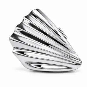 Silver shell-shaped acrylic clutch bag with high-polish mirror finish for evening parties