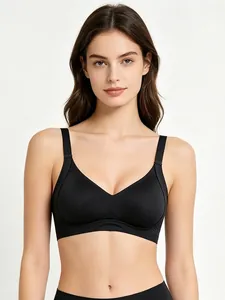 Front view of black seamless V-neck bra with wide support bands and elastic quick-dry fabric