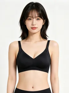 Close-up of black seamless non-wired bra with wide straps for comfort and lift