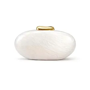 Women Acrylic Evening Clutch Bag Oval Hard Shell Marble Texture Handbag For Wedding Party With Chain Metal Clasp