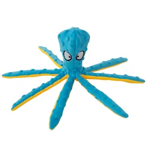 Detail of blue octopus plush dog toy with textured minky fabric and angry expression