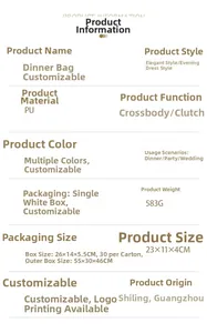 Detailed specification sheet for women's PU evening clutch showing 23x11x4CM dimensions
