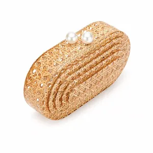 Elegant woven rattan clutch bag with dual pearl clasps for weddings and dinner events
