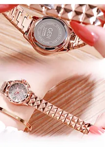 Detail showing the engraved stainless steel back of a luxury rose gold diamond watch