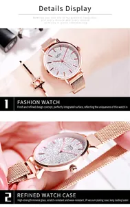 Detailed close-up of rose gold mesh watch with glitter dial and star bracelet set