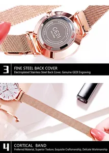 Detail of GEDI quartz watch stainless steel back cover and rose gold mesh band