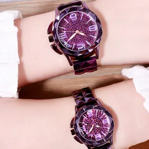 Fashionable purple quartz watch with full crystal dial and geometric bezel for women