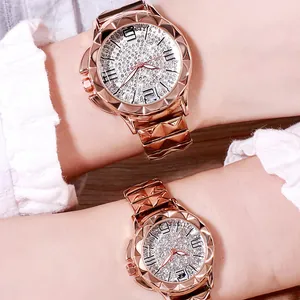Luxurious rose gold quartz watch with full crystal pavé dial and metal link bracelet