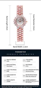 Detail view of rose gold crystal watch with 26mm dial and dimensions labels