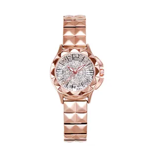 Rose gold luxury women watch with full diamond dial and wavy bezel design