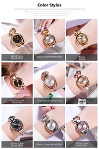 Detail view of GEDI women's bangle watches in diverse metallic finishes and dial colors