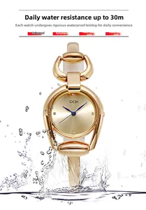 Waterproof women's gold quartz watch with horseshoe-shaped case and rhinestone dial