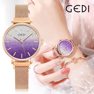 GEDI Women Quartz Watch Gradient Starry Sky Dial Milanese Stainless Steel Mesh Strap Magnetic Buckle Waterproof Wristwatch