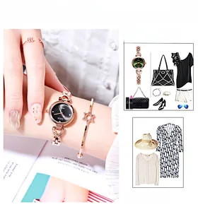 Détail d'une montre à quartz or rose avec lunette en strass et accessoires de joaillerie