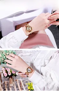 Elegant gold horsebit bangle watch for women shown in a lifestyle reading setting