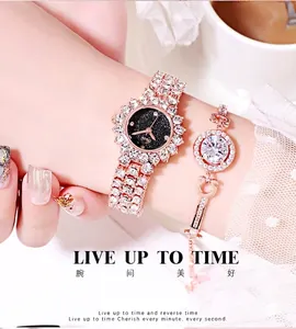 Rose gold starry watch and rhinestone bracelet set shown on wrist with elegant lace detail