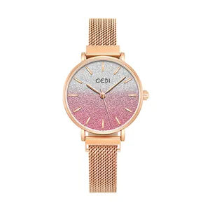 GEDI luxury women's quartz watch with pink gradient dial and rose gold mesh strap