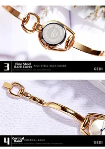 Detail of GEDI H-2980 watch showing stainless steel back case and polished metal link strap