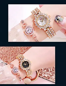 Luxe quartz watch and crystal bracelet set on model with sequins backdrop