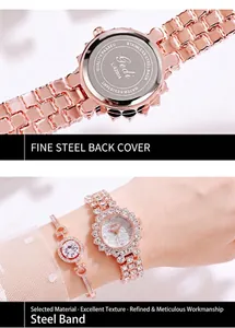 Detail view of water resistant stainless steel back case and luxury rose gold metal band