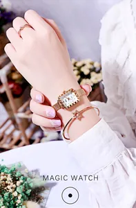 Elegante orologio quadrato in oro rosa con cinturino a maglia e bracciale stella