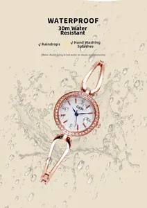Macro view of rose gold quartz watch with rhinestones showing 30M water resistance