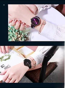 Close-up of GEDI women's watch set with purple gradient dial and rose gold bracelet