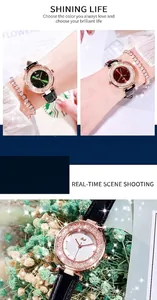 Orologi chic da donna con cinturino in pelle e quadranti con diamanti in verde, marrone e bianco