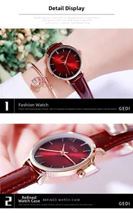 Detail of GEDI quartz watch with red sunray dial and wine red patent leather strap