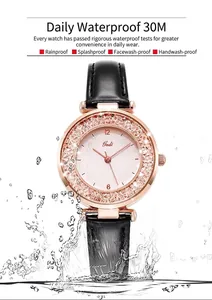 Dettaglio dell'orologio in pelle impermeabile con strass luminosi ed effetti di spruzzi