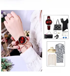 Detail of GEDI red leather strap watch with rose gold case on woman wrist with accessories