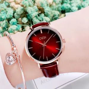 GEDI Women's Fashion Quartz Watch Rose Gold Case Sunray Dial Leather Strap Elegant Ladies Wristwatch With Heart Bracelet