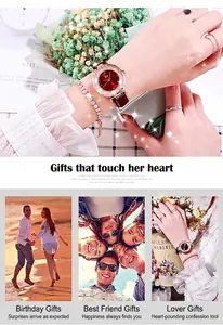 Dettaglio dell'elegante orologio da donna con quadrante rosso, lunetta in cristallo e bracciale