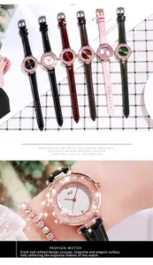 Primo piano di un'elegante collezione di orologi al quarzo con strass e cinturini in pelle