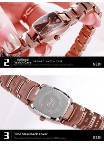 Detail van rechthoekig roségoud horloge met mineraalglas en roestvrijstalen achterkant