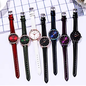 Collection of seven minimalist leather strap women quartz watches in various colors