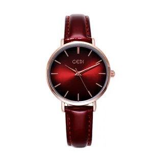 Women's quartz watch with red gradient dial, rose gold case and leather strap
